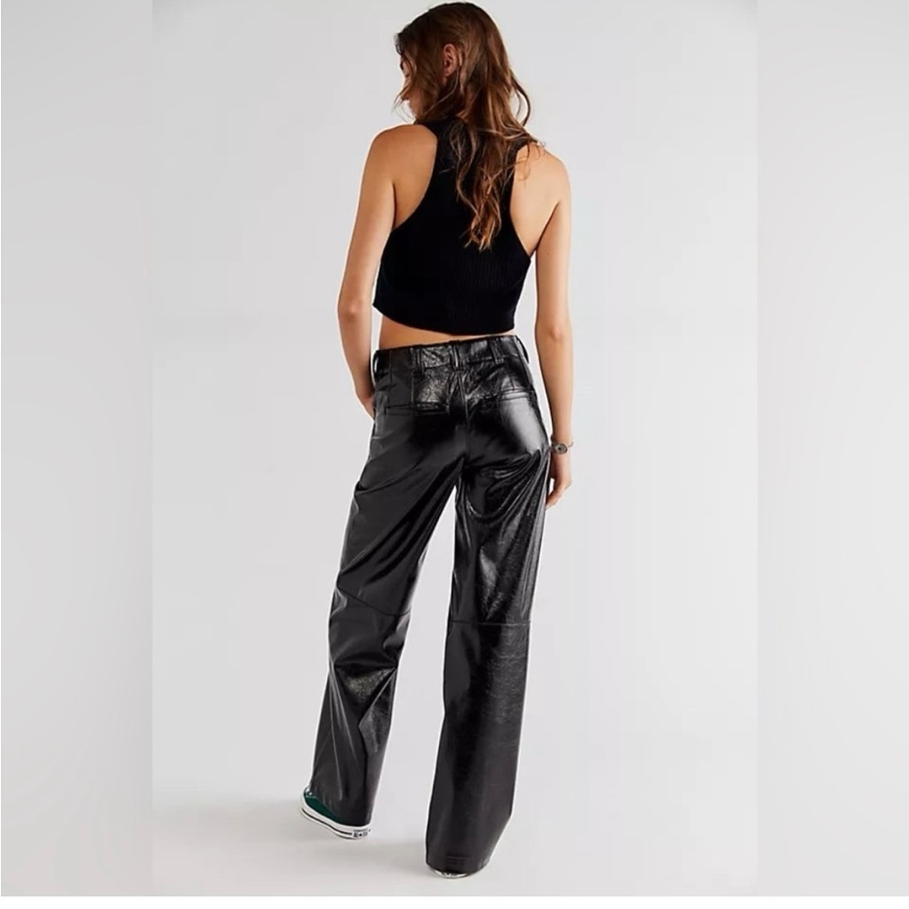 NWT Free People Star Crossed Lovers Black Vegan Patent Leather Straight Pants 2
